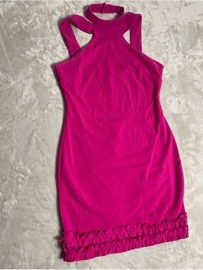 bebe Hot Pink Halter Ruffle Hem Mini Dress